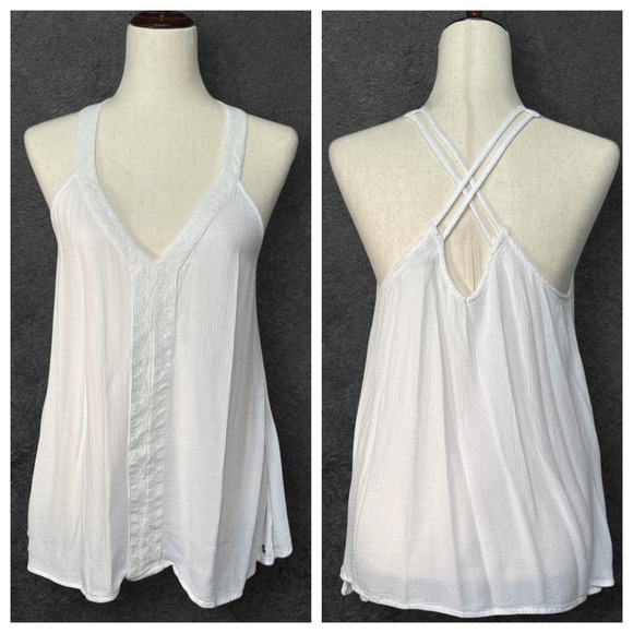 Roxy White Tank Top Criss Cross Back V Neck Sleeveless Casual Medium Y2K‎ Beach - Picture 1 of 12